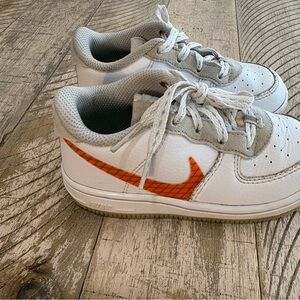 Nike Airforce 1 Kids White and Orange Swoosh Sneakers
